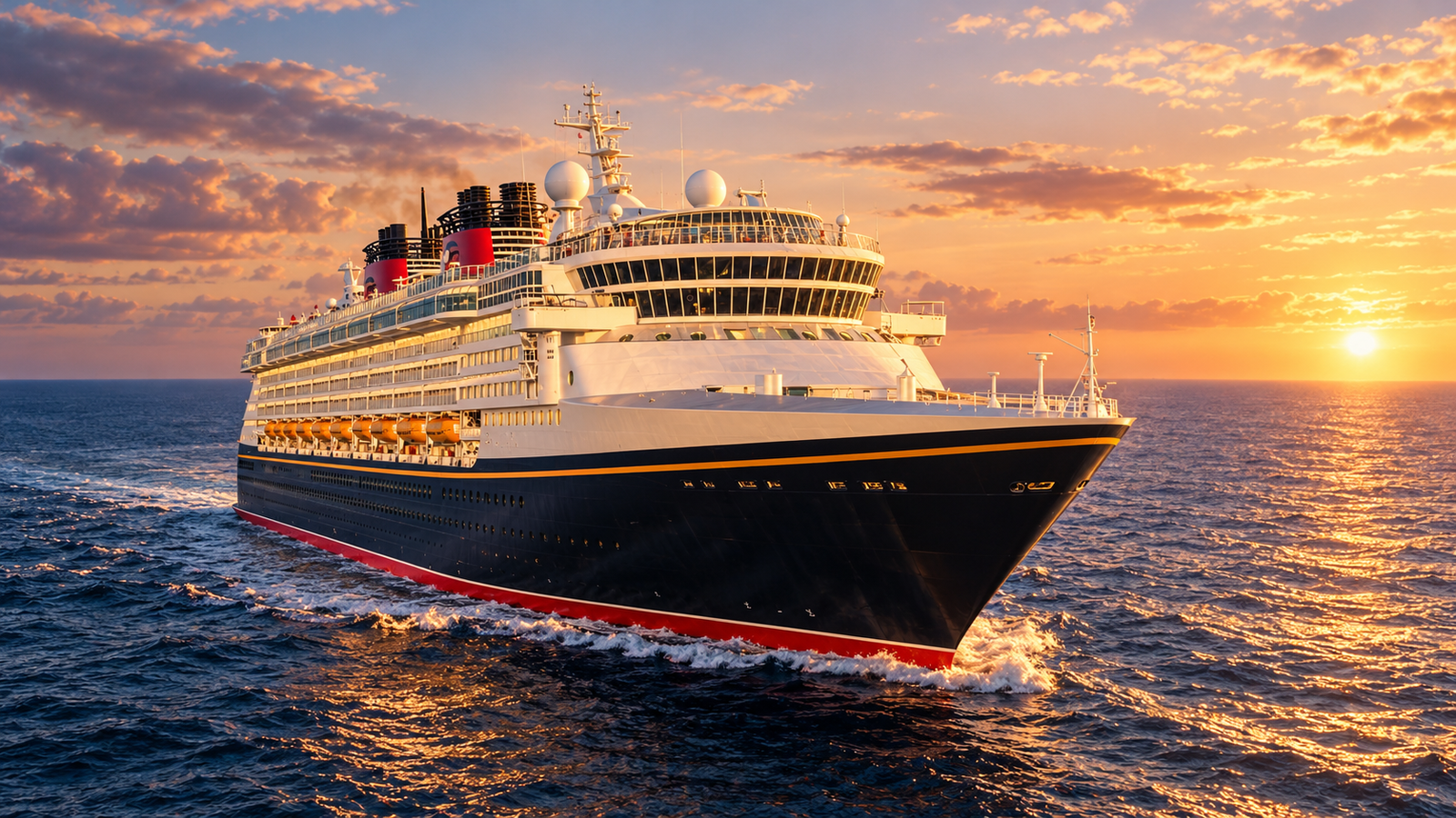 Crucero internacional navegando al atardecer