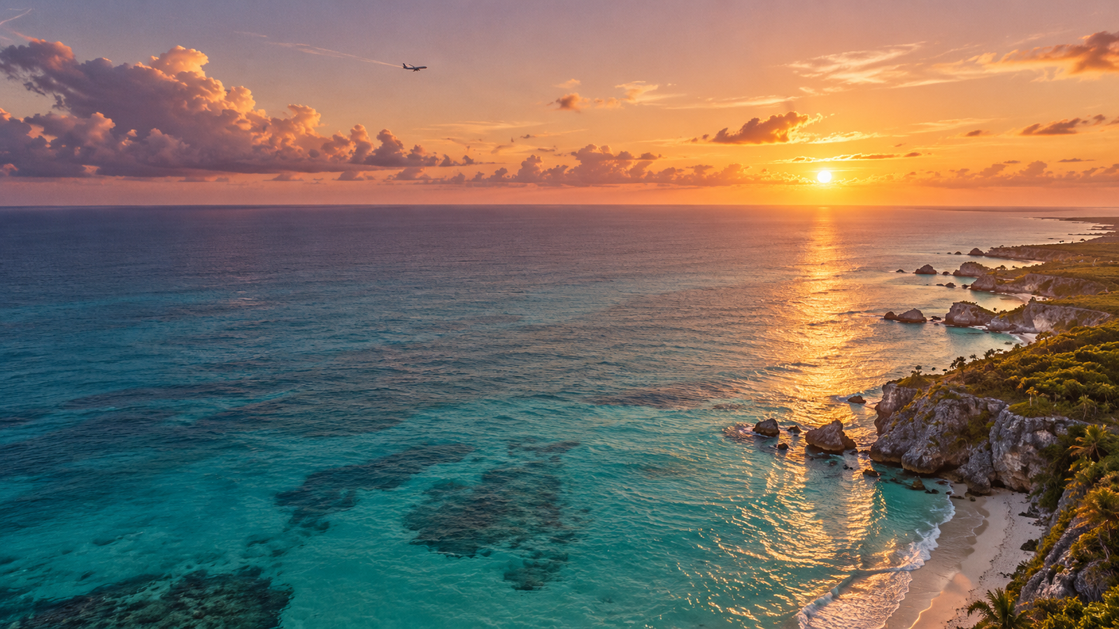 Mar turquesa del Caribe mexicano al atardecer, visto desde el aire